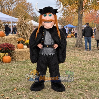 Viking Mascot Costume with Black Outfit and Horned Helmet
