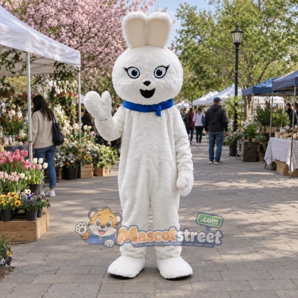 White Rabbit Mascot Costume with Blue Collar