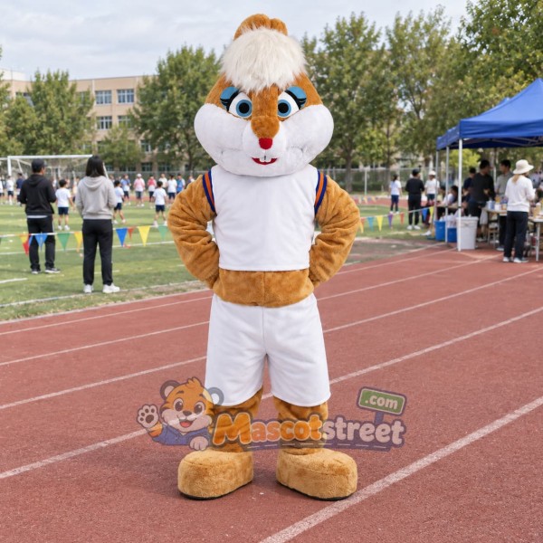Brown Rabbit Mascot Costume with White Sports Uniform