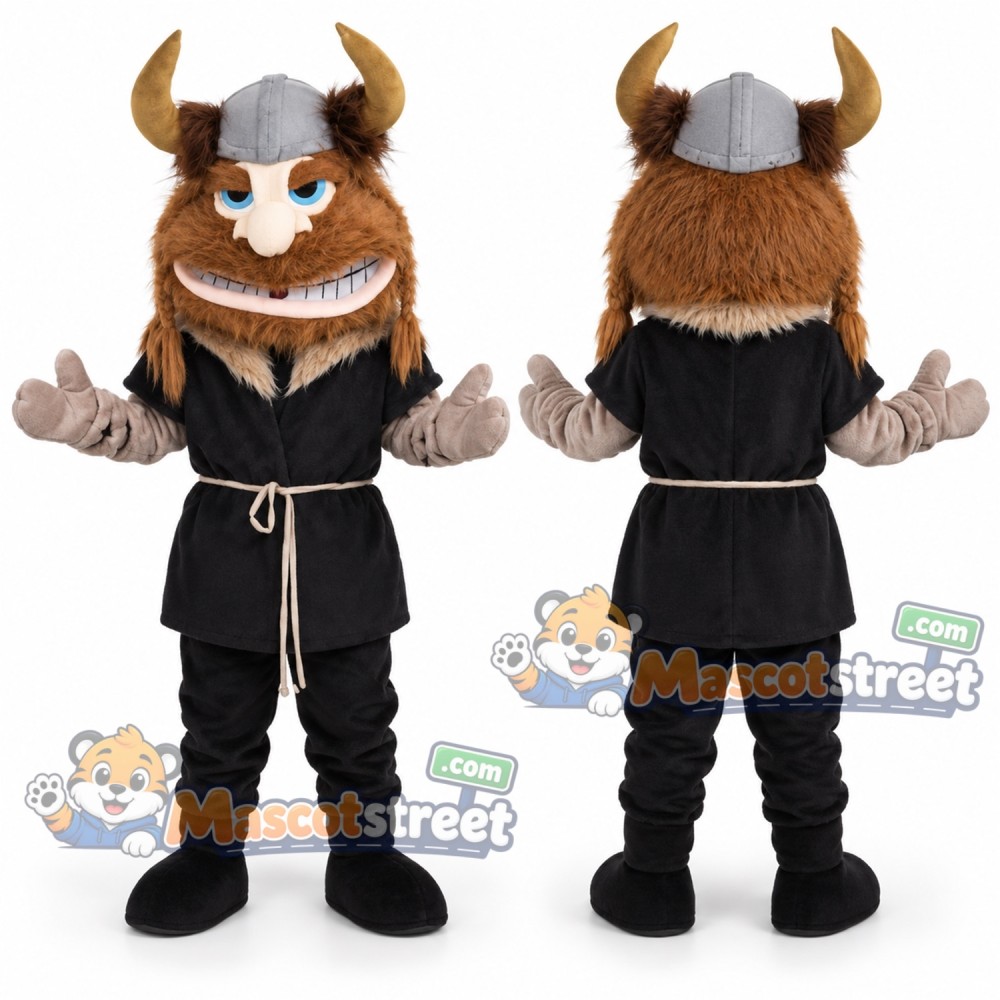 Viking Mascot Costume with Black Tunic and Horned Helmet