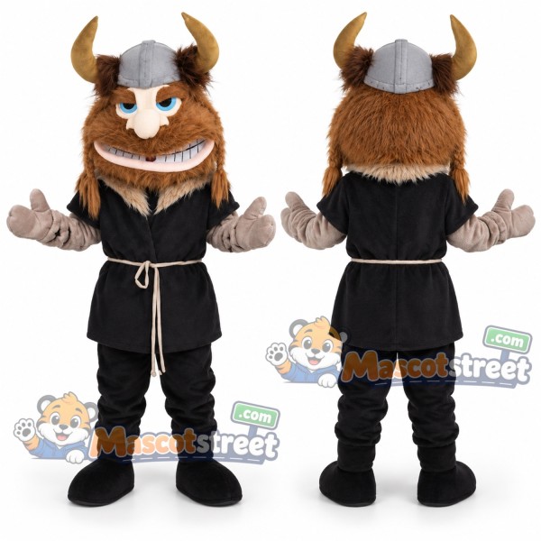 Viking Mascot Costume with Black Tunic and Horned Helmet