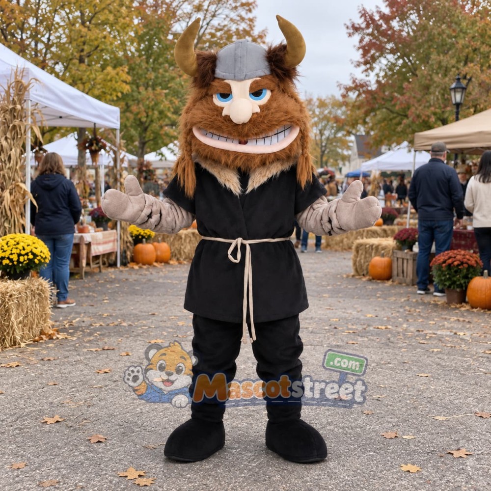 Viking Mascot Costume with Black Tunic and Horned Helmet