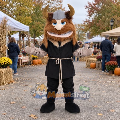Viking Mascot Costume with Black Tunic and Horned Helmet