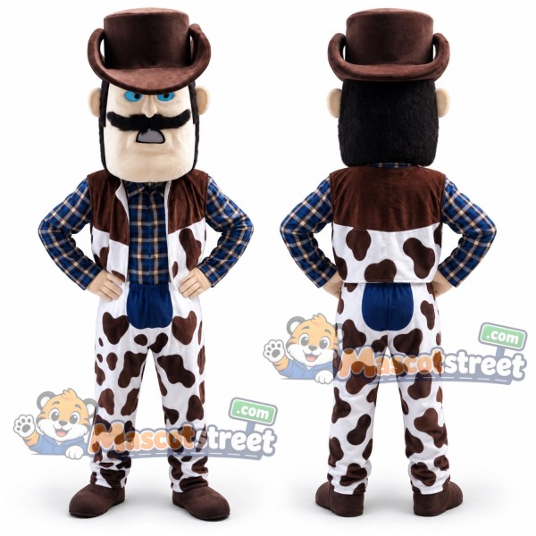 Cowboy Mascot Costume with Plaid Shirt, Cow Print Chaps and Brown Hat