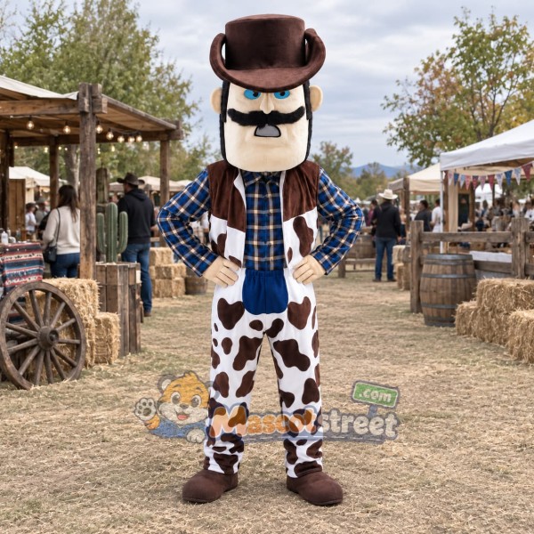 Cowboy Mascot Costume with Plaid Shirt, Cow Print Chaps and Brown Hat