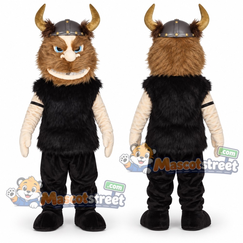Viking Mascot Costume with Black Outfit and Horned Helmet