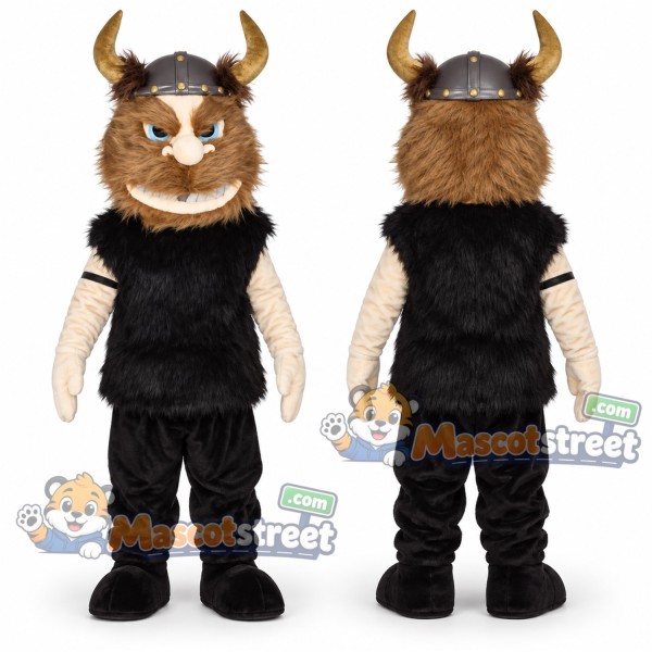 Viking Mascot Costume with Black Outfit and Horned Helmet