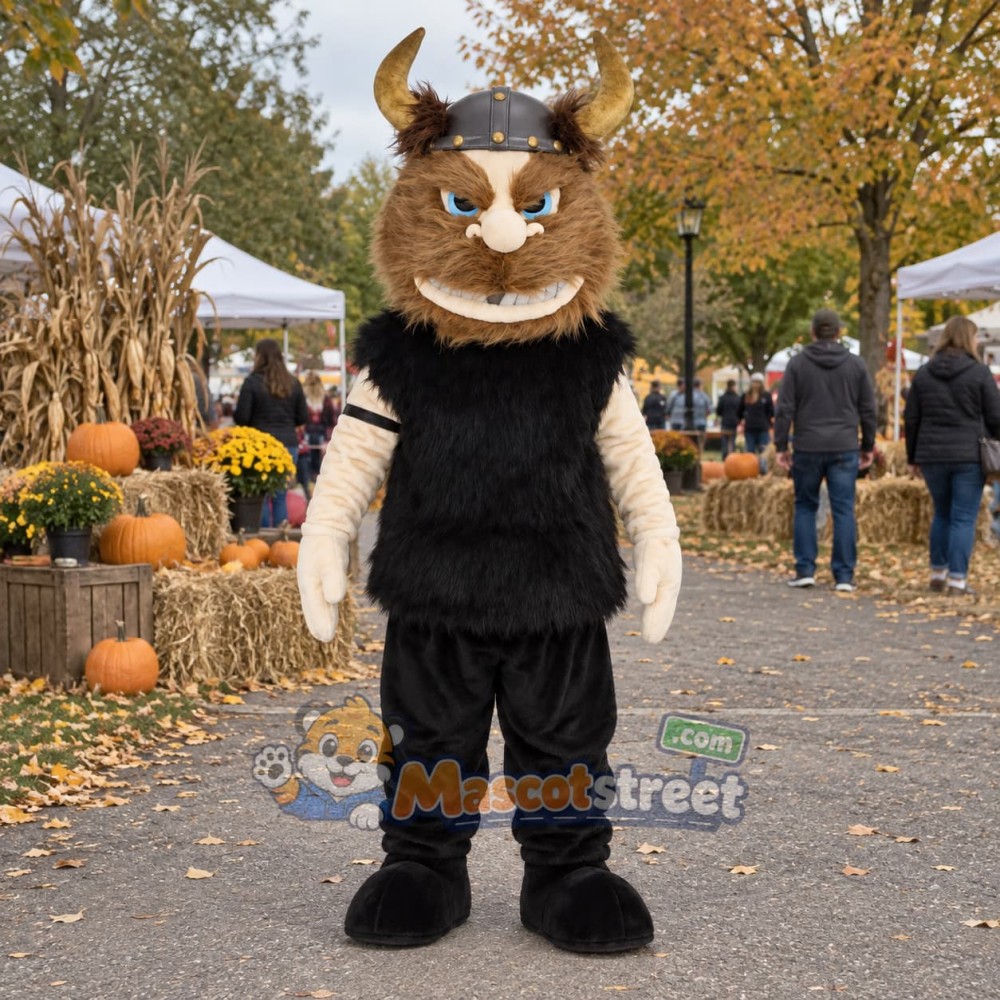 Viking Mascot Costume with Black Outfit and Horned Helmet