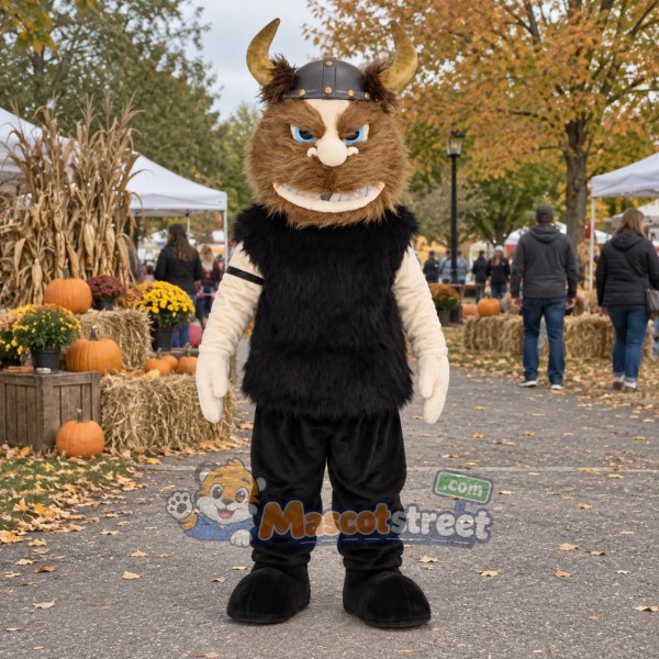 Viking Mascot Costume with Black Outfit and Horned Helmet