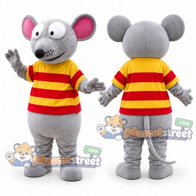 Gray Mouse Mascot Costume with Red and Yellow Striped Shirt Gray Mouse Mascot Costume with Red and Yellow Striped Shirt