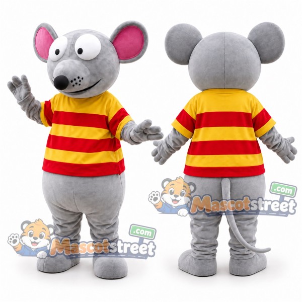 Gray Mouse Mascot Costume with Red and Yellow Striped Shirt