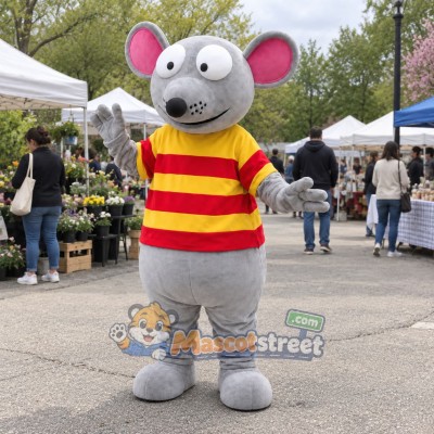 Gray Mouse Mascot Costume with Red and Yellow Striped Shirt Gray Mouse Mascot Costume with Red and Yellow Striped Shirt