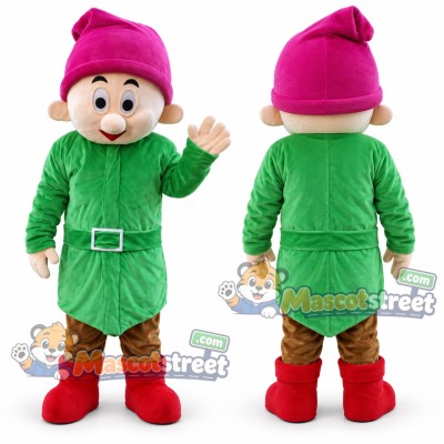 Bearded Dwarf Mascot Costume with Green Coat and Pink Hat Bearded Dwarf Mascot Costume with Green Coat and Pink Hat