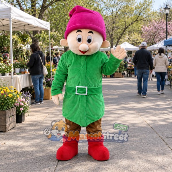Bearded Dwarf Mascot Costume with Green Coat and Pink Hat