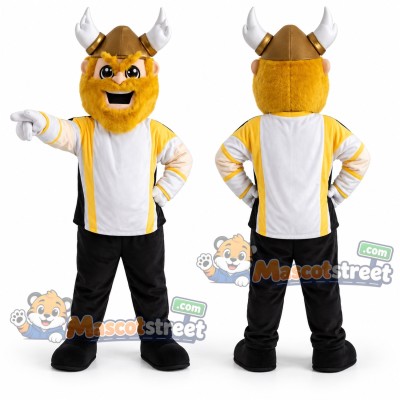 Viking Mascot Costume with Yellow and White Jacket, Black Trousers and Horned Helmet Viking Mascot Costume with Yellow and White Jacket, Black Trousers and Horned Helmet