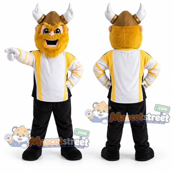 Viking Mascot Costume with Yellow and White Jacket, Black Trousers and Horned Helmet