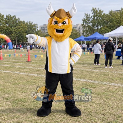 Viking Mascot Costume with Yellow and White Jacket, Black Trousers and Horned Helmet Viking Mascot Costume with Yellow and White Jacket, Black Trousers and Horned Helmet