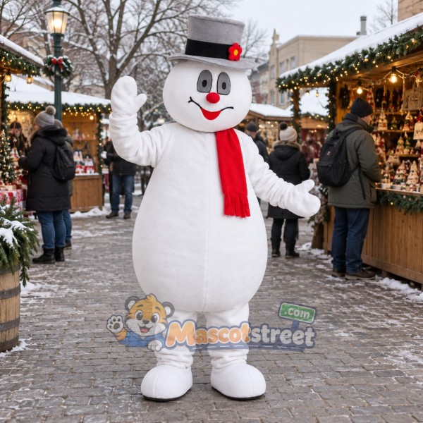 Snowman Mascot Costume with Gray Hat and Red Scarf