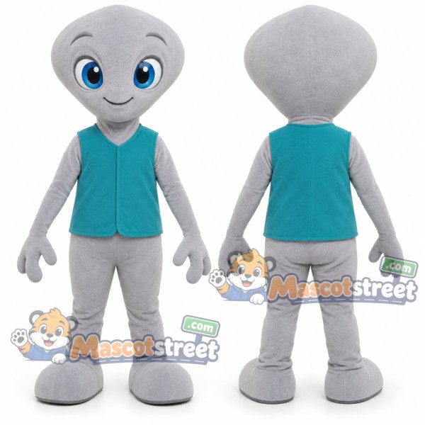 Gray Alien Mascot Costume with Teal Vest