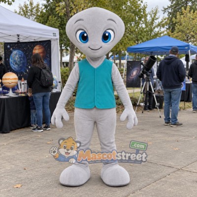 Gray Alien Mascot Costume with Teal Vest Gray Alien Mascot Costume with Teal Vest