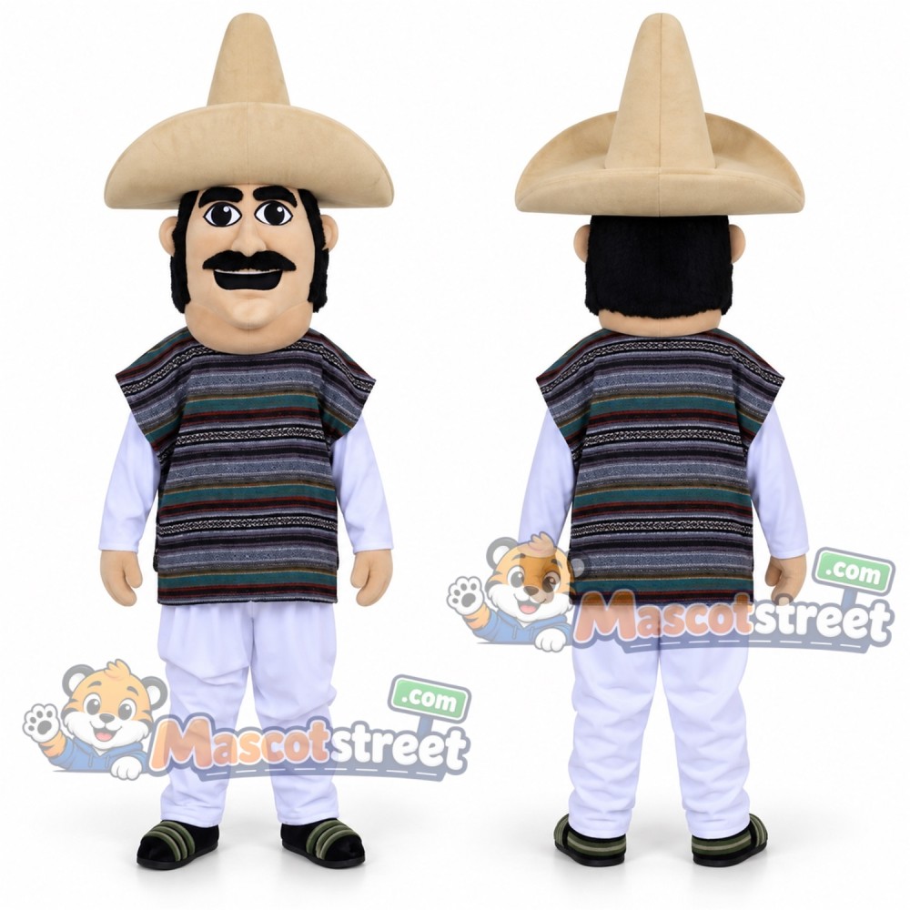 Man Mascot Costume with Striped Poncho, White Clothes and Sombrero