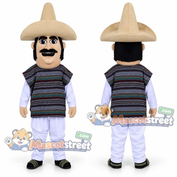 Man Mascot Costume with Striped Poncho, White Clothes and Sombrero
