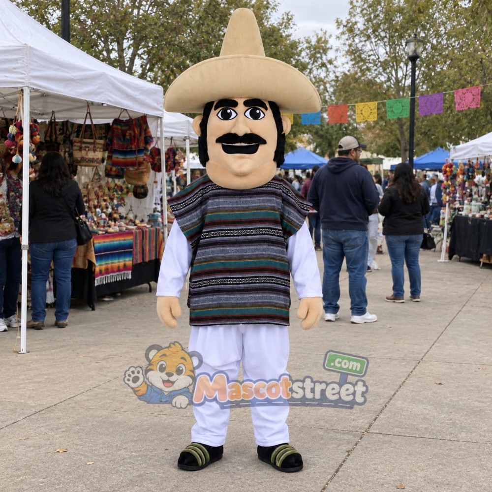 Man Mascot Costume with Striped Poncho, White Clothes and Sombrero