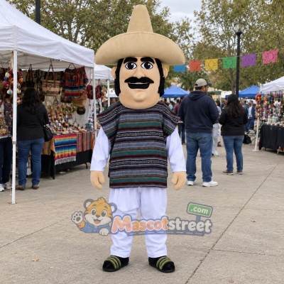 Man Mascot Costume with Striped Poncho, White Clothes and Sombrero