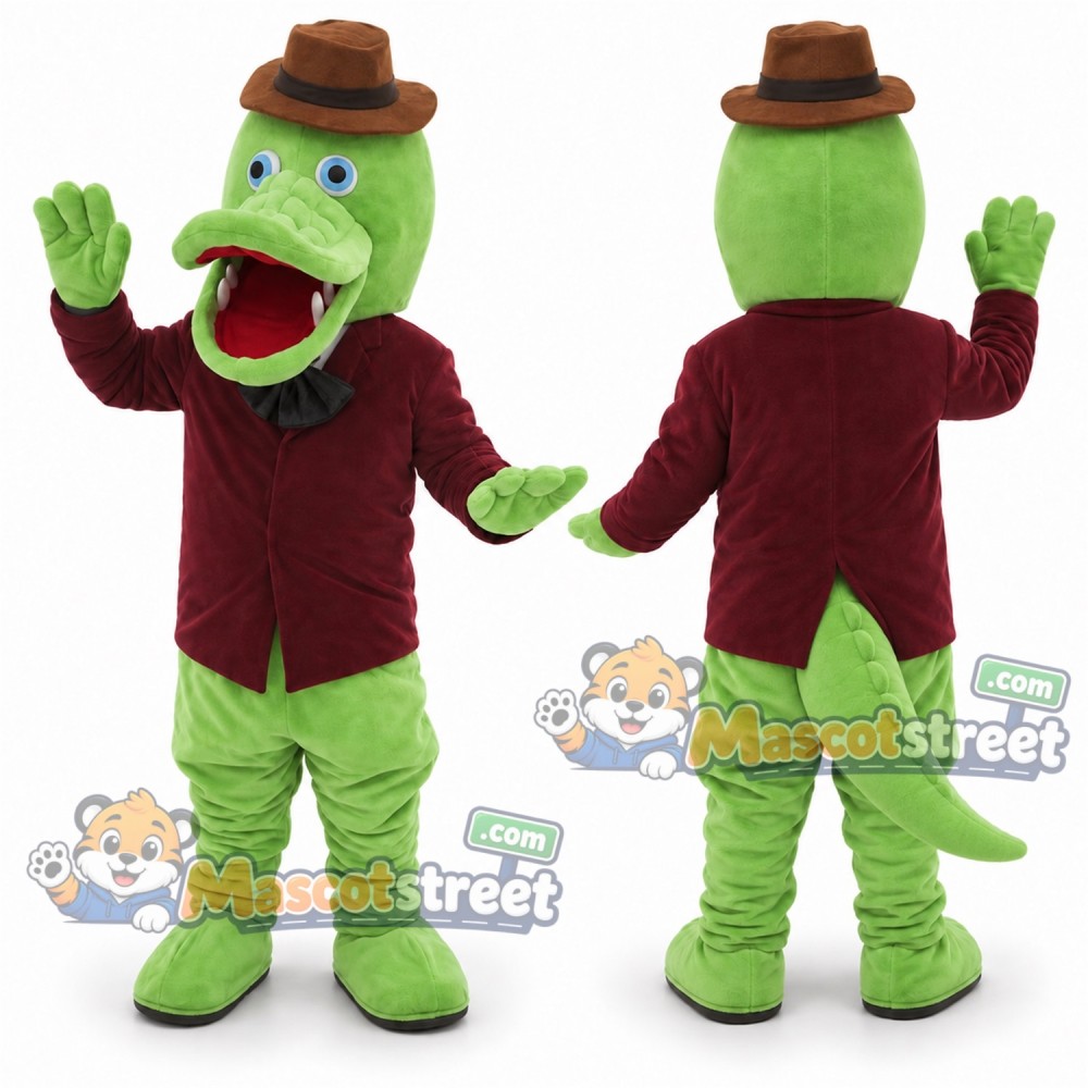 Green Crocodile Mascot Costume with Burgundy Shirt and Brown Hat