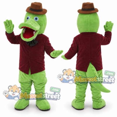 Green Crocodile Mascot Costume with Burgundy Shirt and Brown Hat