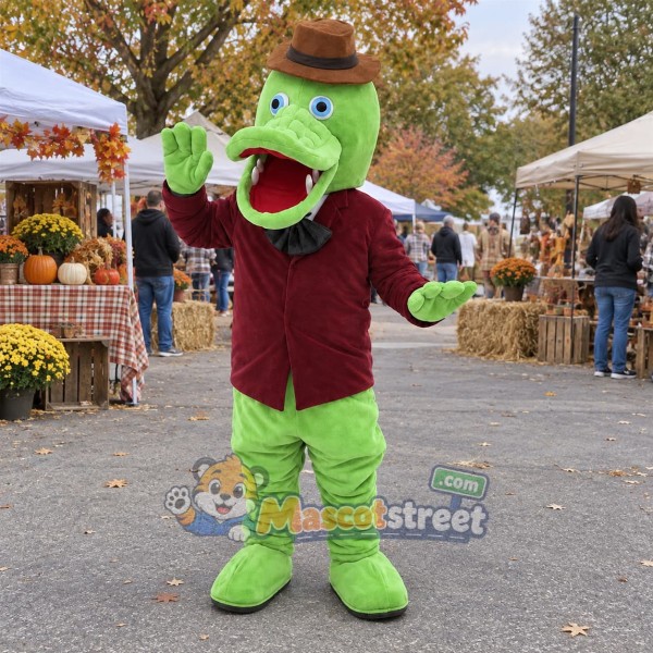 Green Crocodile Mascot Costume with Burgundy Shirt and Brown Hat