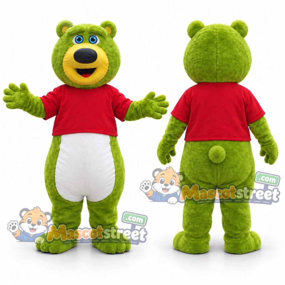 Green Bear Mascot Costume with Red Shirt