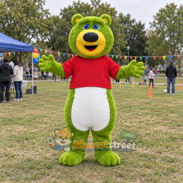 Green Bear Mascot Costume with Red Shirt
