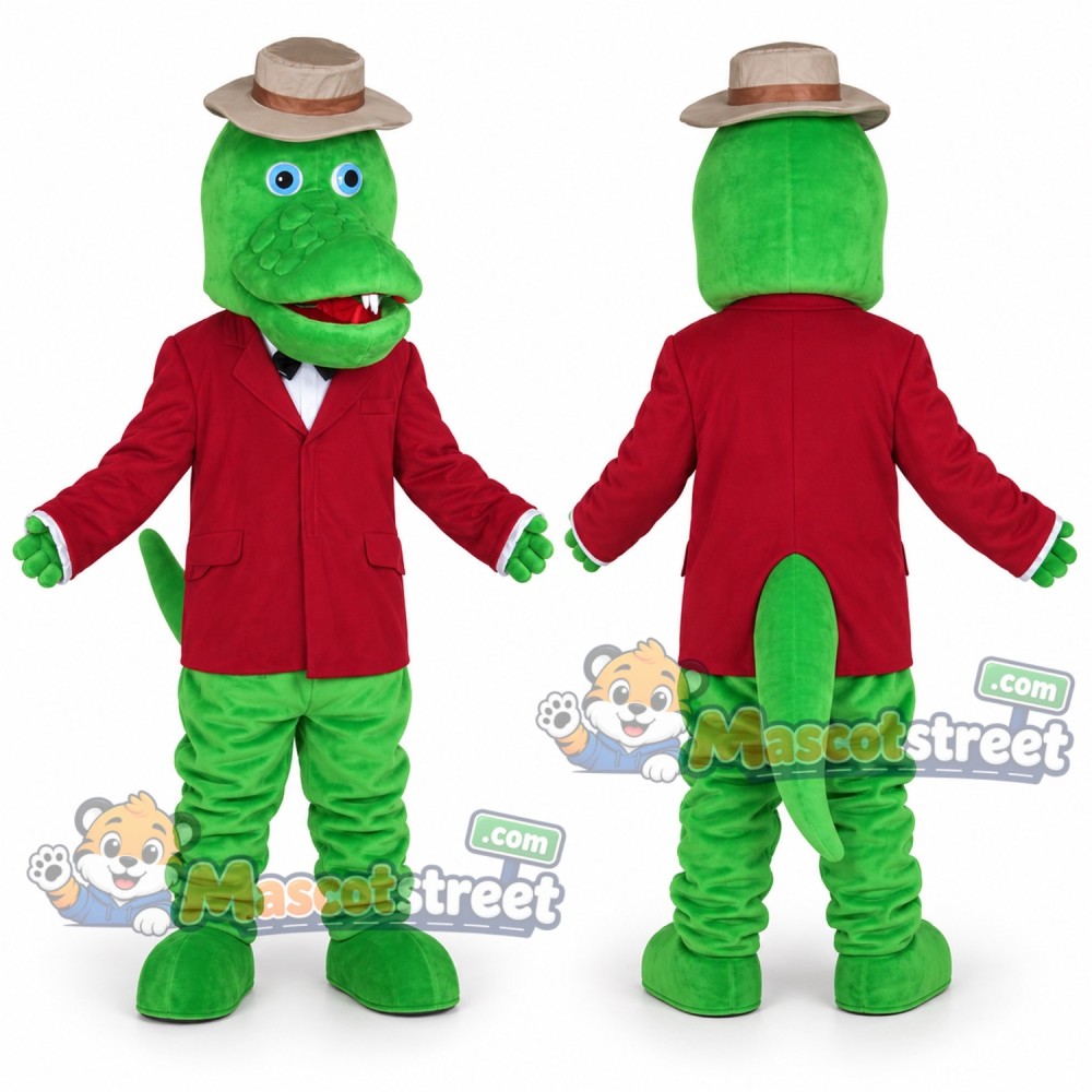 Green Crocodile Mascot Costume with Red Shirt and Tan Hat