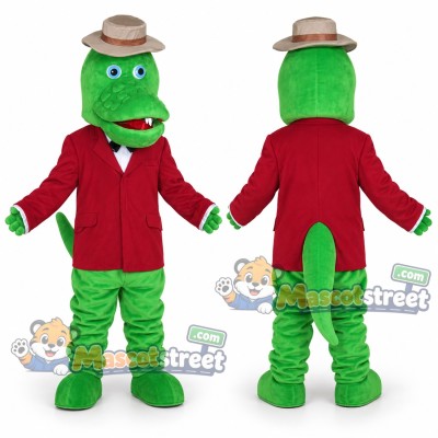 Green Crocodile Mascot Costume with Red Shirt and Tan Hat