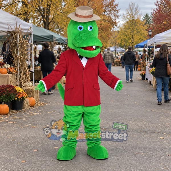 Green Crocodile Mascot Costume with Red Shirt and Tan Hat