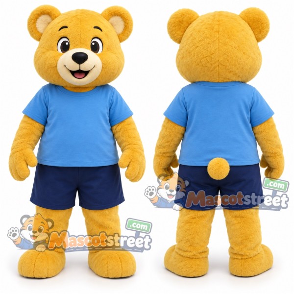 Yellow Bear Mascot Costume with Blue Shirt and Navy Shorts
