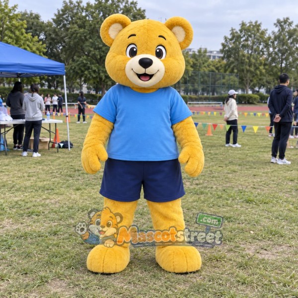Yellow Bear Mascot Costume with Blue Shirt and Navy Shorts