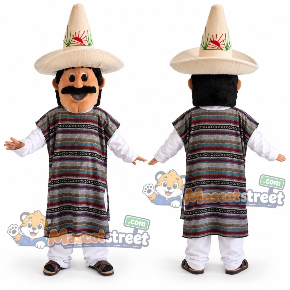 Man Mascot Costume with Striped Poncho and Sombrero
