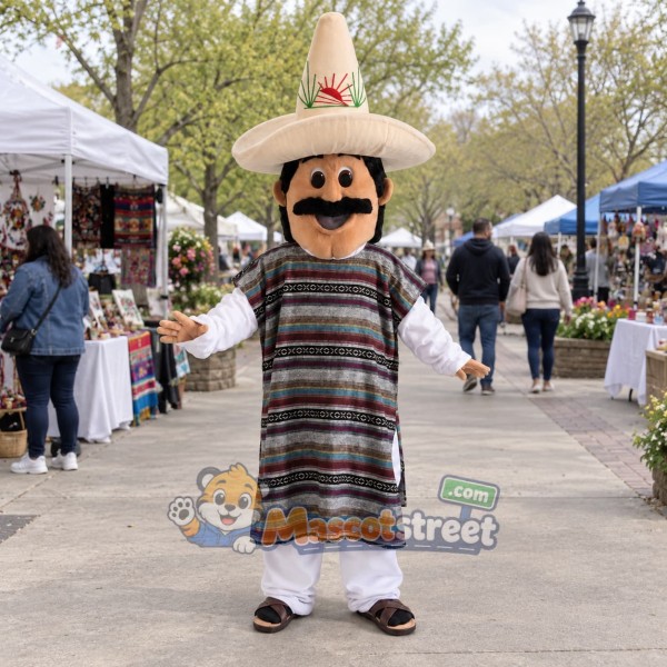 Man Mascot Costume with Striped Poncho and Sombrero
