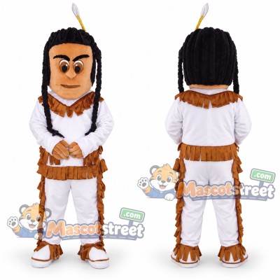 Warrior Mascot Costume with White Fringed Outfit and Feather Headband