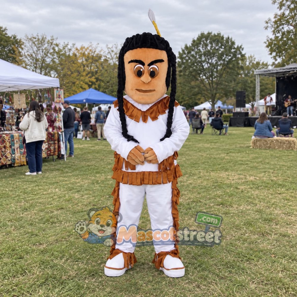 Warrior Mascot Costume with White Fringed Outfit and Feather Headband