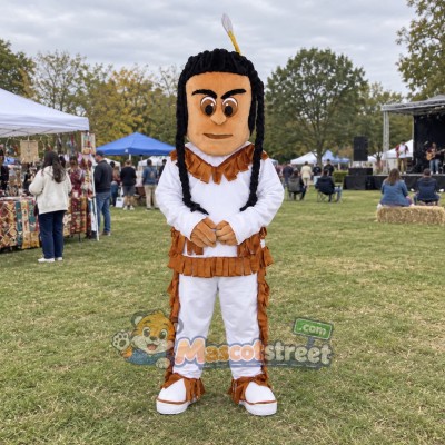 Warrior Mascot Costume with White Fringed Outfit and Feather Headband