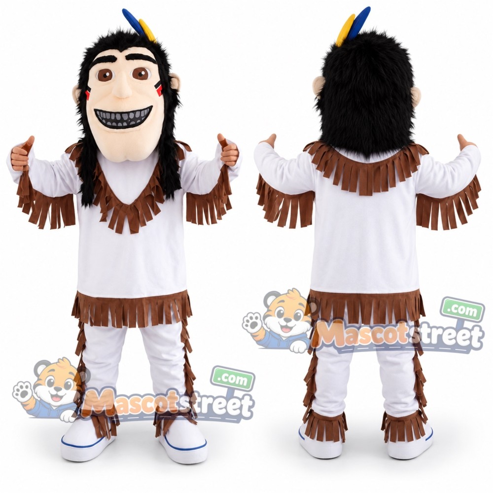 Warrior Mascot Costume with White Fringed Outfit and Feather Headband