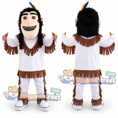 Warrior Mascot Costume with White Fringed Outfit and Feather Headband