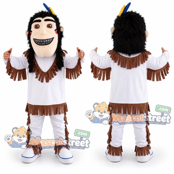 Warrior Mascot Costume with White Fringed Outfit and Feather Headband