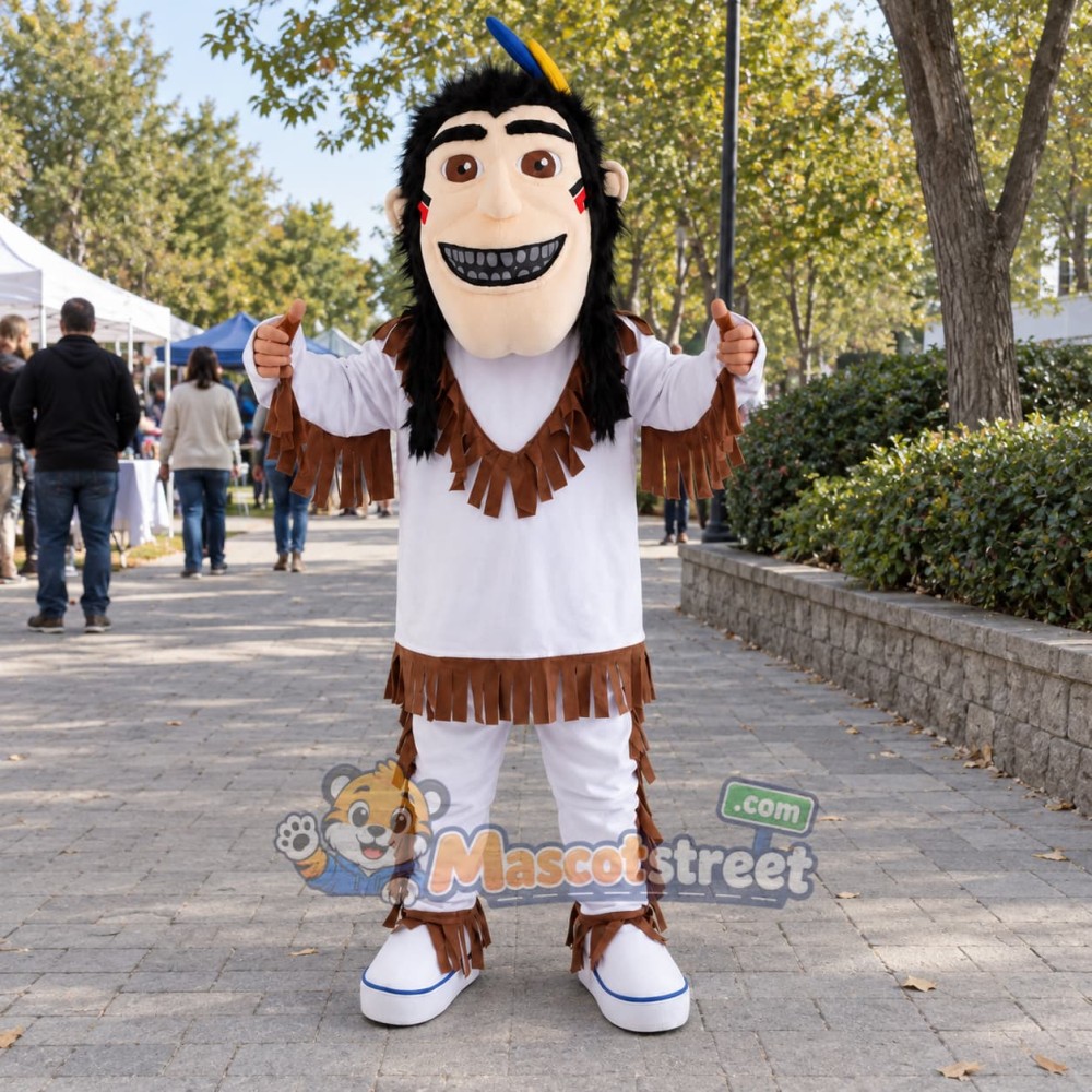 Warrior Mascot Costume with White Fringed Outfit and Feather Headband