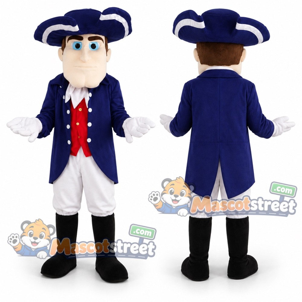 Colonial Man Mascot Costume with Navy Coat, White Trousers and Tricorn Hat Colonial Man Mascot Costume with Navy Coat, White Trousers and Tricorn Hat