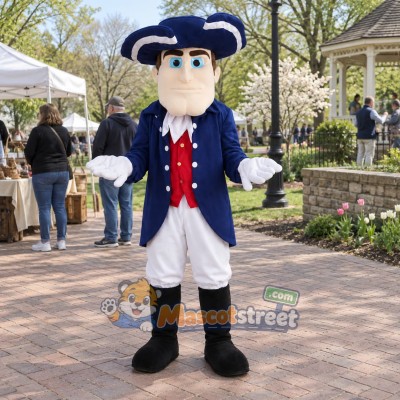 Colonial Man Mascot Costume with Navy Coat, White Trousers and Tricorn Hat Colonial Man Mascot Costume with Navy Coat, White Trousers and Tricorn Hat