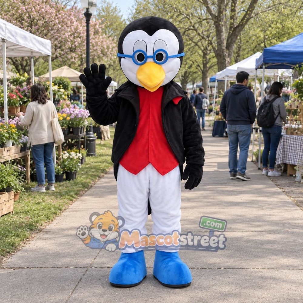 Penguin Mascot Costume with Black Jacket, Red Vest and White Trousers Penguin Mascot Costume with Black Jacket, Red Vest and White Trousers